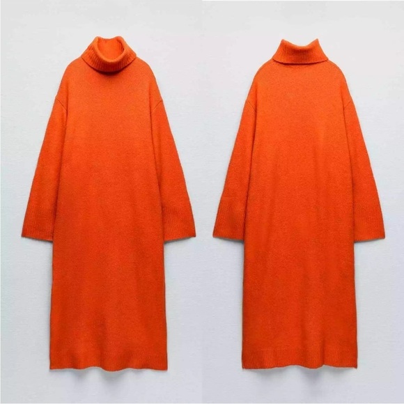 ZARA Oversized Knit Turtleneck Sweater Midi Dress Orange M - Picture 10 of 15